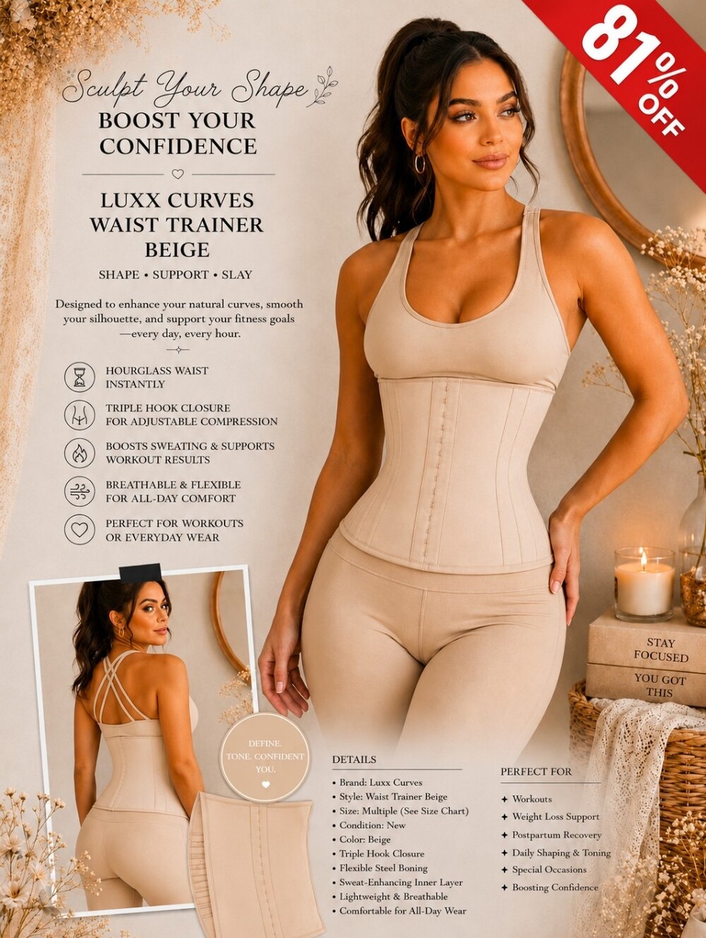 Luxx Curves Waist Trainer Beige Short Torso Corset Shapewear Compression Belt